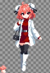  1girl absurdres bandages black_thighhighs blush breasts bun_cover coat cuffs double_bun hair_bun highres ibaraki_kasen looking_at_viewer pink_eyes pink_hair pixel_art red_eyes shirt shoes short_hair skirt solo tabard takeez3 thigh-highs touhou trench_coat white_shoes 