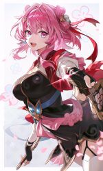  1girl absurdres aiming aiming_at_viewer bell belt black_dress black_gloves blue_belt breasts chinese_clothes commentary_request cowboy_shot dress falling_petals fingerless_gloves from_side gloves grey_background hair_intakes high-waist_belt highres honkai:_star_rail honkai_(series) jacket jingle_bell large_breasts looking_at_viewer march_7th_(honkai:_star_rail) march_7th_(hunt)_(honkai:_star_rail) medium_hair multicolored_eyes nez39 official_alternate_costume official_alternate_hairstyle open_mouth petals pink_eyes pink_hair pink_pupils revision short-sleeved_jacket short_sleeves solo two-tone_eyes white_background 