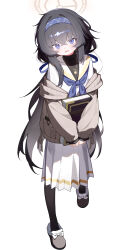  1girl absurdres black_hair black_pantyhose black_undershirt blue_archive blue_eyes blue_hairband blue_neckerchief book bow brown_cardigan brown_shoes cardigan commentary_request footwear_bow full_body grey_cardigan hairband halo highres holding holding_book long_hair long_skirt long_sleeves looking_at_viewer low_twintails neckerchief pantyhose pleated_skirt sailor_collar school_uniform serafuku shoes simple_background skirt slippers solo twintails ui_(blue_archive) very_long_hair white_background white_sailor_collar white_serafuku white_skirt xiaoyu_chiaki 