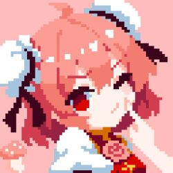  1girl bandages blush breasts bun_cover commentary_request cuffs double_bun flower hair_bun highres ibaraki_kasen looking_at_viewer open_mouth pink_eyes pink_hair pixel_art red_eyes rose short_hair skirt smile solo tabard takeez3 touhou 