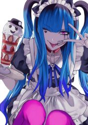  1girl alternate_costume amemiya_darumi apron black_hair blue_hair choker commentary food highres ice_cream maid maid_apron maid_headdress makeup official_alternate_costume one_eye_closed pants pink_eyes pink_pants sirei_(hundred_line) the_hundred_line_-last_defense_academy- tongue tongue_out untranslatable_commentary user_vgtu3873 v white_background 