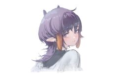  1girl commentary earrings floomf from_behind gradient_hair highres hololive hololive_english jewelry looking_at_viewer medium_hair multicolored_hair ninomae_ina'nis orange_hair pointy_ears purple_hair simple_background smile solo tentacle_hair upper_body violet_eyes virtual_youtuber white_background 