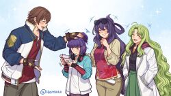  1boy 3girls :d :t aged_up ahoge arm_guards blue_background blunt_bangs blunt_ends blush bob_cut brown_gloves brown_hair brown_pants chinese_clothes closed_eyes coat commentary commission cropped_jacket curtained_hair dog_tags double-parted_bangs eiyuu_densetsu english_commentary eyewear_on_head fingerless_gloves gift gloves gradient_background green_hair hair_bun hair_rings hajimari_no_kiseki hands_in_pockets headpat headphones headphones_around_neck holding holding_gift inverted_bob jacket kea_(eiyuu_densetsu) laughing lloyd_bannings long_hair long_sidelocks long_sleeves motion_lines multicolored_jacket multiple_girls open_clothes open_jacket open_mouth original pants parted_bangs pout purple_hair rixia_mao shg_(hiomaika) short_hair sidelocks single_hair_bun smile sparkle_background tareme tsurime twitter_username two-tone_jacket upper_body very_long_hair vgen_commission wavy_hair white_coat 