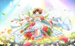  1girl barefoot bouquet brown_hair bug butterfly commentary_request dress flower full_body game_asset gloves green_eyes hair_flower hair_ornament highres kinomoto_sakura letterboxed looking_at_viewer non-web_source official_art open_mouth petals pillarboxed puffy_short_sleeves puffy_sleeves red_flower red_rose ribbon rose rose_petals self-datamine shiromaru_mito short_hair short_sleeves smile solo white_dress white_gloves wings world_dai_star 