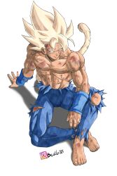  1boy absurdres bardock barefoot beatlo_(rodrigo38658978) blonde_hair bodysuit commentary dragon_ball dragon_ball_z english_commentary full_body highres monkey_tail muscular muscular_male red_eyes simple_background solo spiky_hair super_saiyan super_saiyan_1 tail topless_male torn_bodysuit torn_clothes white_background yellow_tail 