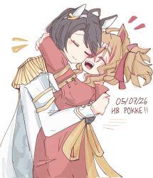  2girls ahoge animal_ears black_hair blush brown_hair closed_eyes closed_mouth coat dailytachycafe epaulettes fang fuji_kiseki_(blanche_etoile)_(umamusume) fuji_kiseki_(umamusume) hair_between_eyes happy_birthday highres horse_ears horse_girl hug jacket jungle_pocket_(umamusume) jungle_pocket_(vermilion_head)_(umamusume) long_hair long_sleeves multicolored_hair multiple_girls notched_ear official_alternate_costume open_mouth red_coat red_streaks short_hair smile streaked_hair teeth umamusume upper_teeth_only white_jacket 