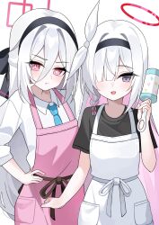  2girls :t apron black_eyes black_hairband black_shirt blue_archive blue_necktie braid commentary double-parted_bangs hair_between_eyes hair_over_one_eye hairband halo highres holding holding_rattle kei_(blue_archive) kei_(new_body)_(blue_archive) long_hair long_hair_between_eyes muki_c multiple_girls necktie open_mouth pink_apron pink_eyes pink_halo plana_(blue_archive) pout rattle rectangular_halo red_halo red_pupils ringed_eyes shirt simple_background single_braid untranslatable_commentary white_apron white_background white_hair 