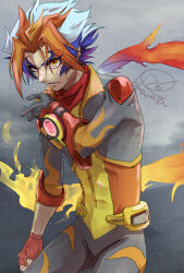  1boy arata_(lak) artist_name battle_damage blue_hair bodysuit commentary_request damaged grey_bodysuit grey_hair highres homura_takeru looking_at_viewer male_focus multicolored_hair open_mouth orange_hair purple_hair scarf short_hair signature solo soulburner yu-gi-oh! yu-gi-oh!_vrains 