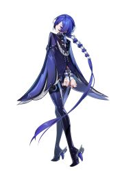  1girl absurdres arms_behind_back black_cloak blue_boots boots bound bound_wrists cloak earrings from_behind head_tilt high_heel_boots high_heels highres jewelry long_hair looking_at_viewer looking_back low_ponytail official_art parted_lips ponytail promeia_(zenless_zone_zero) purple_hair purple_nails simple_background solo standing thigh_boots transparent_background very_long_hair violet_eyes zenless_zone_zero 