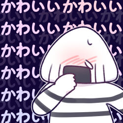  1other blush commentary_request hand_up highres hololive nose_blush onigirya_(nekomata_okayu) other_focus outline purple_background solo sweat text_background translation_request upper_body white_outline yananang 