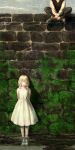  absurdres blonde_hair closed_eyes d-o diolemonde dress flower highres moss original pale_skin smile solo stone_wall wall water white_dress 