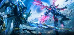  absurdres aleph-1_(wuthering_waves) artist_name black_hole chromatic_aberration commentary debris english_commentary english_text exostrider_(wuthering_waves) faceoff fighting fighting_stance floating_rock highres holding holding_polearm holding_sword holding_weapon jvn mecha mecha_focus mechanical_wings no_humans outdoors polearm robot space spear sword title weapon wings wuthering_waves 