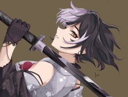  1girl absurdres black_gloves black_hair brown_background commentary_request floral_print floral_print_kimono gloves grey_hair grey_kimono highres holding holding_sword holding_weapon hololive hololive_english japanese_clothes katana kimono lace lace_gloves looking_at_viewer lyska27 multicolored_hair print_kimono shiori_novella shiori_novella_(new_year) solo sword two-tone_hair virtual_youtuber weapon yellow_eyes 