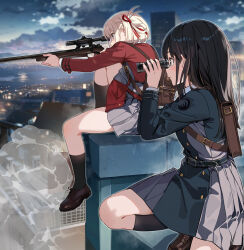  2girls backpack bag belt binoculars black_hair black_shoes black_socks blonde_hair blue_belt blue_dress bob_cut brown_shoes building city closed_mouth clouds cloudy_sky commentary_request dress finger_on_trigger from_side grey_dress gun hair_ribbon highres holding holding_binoculars holding_gun holding_weapon inoue_takina knee_up kneehighs light_blush loafers long_hair long_sleeves lycoris_recoil lycoris_uniform multiple_girls nishikigi_chisato nyoro_(nyoronyoro000) on_rooftop one_side_up outdoors pleated_dress profile red_belt red_dress red_eyes red_ribbon ribbon rifle shoes short_hair sitting sky skyscraper sniper_rifle sniping socks squatting steam two-tone_dress violet_eyes weapon weapon_request 
