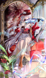  1girl absurdres alternate_costume black_gloves boots breasts brown_boots chinese_commentary commentary_request dress gloves hat highres hiyuki_(wuthering_waves) instrument long_dress long_hair medium_breasts musical_note playing_instrument red_eyes red_hat samo_(shichun_samo) sheet_music sitting solo violin white_dress white_hair wuthering_waves 