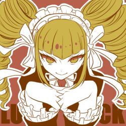  1girl celestia_ludenberg closed_mouth commentary_request danganronpa:_trigger_happy_havoc danganronpa_(series) drill_hair eyelashes fingernails hair_ribbon headdress limited_palette long_hair long_sleeves neck_ribbon outline own_hands_together portrait red_background ribbon runi_(geeniee25) smile solo third-party_source twin_drills twintails white_outline 