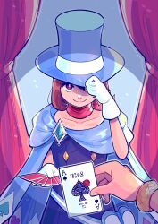  1boy 1girl ace_(playing_card) ace_attorney ace_of_hearts ace_of_spades adjusting_clothes adjusting_headwear apollo_justice apollo_justice:_ace_attorney blood blue_cape blue_dress bracelet brown_hair buttons cape card closed_mouth club_(shape) collarbone commentary curtains diamond_(shape) diamond_button dress earrings english_commentary gem gloves green_gem hand_on_headwear hat hat_over_one_eye hat_tip heart highres holding holding_card jewelry looking_at_viewer magician moocaron one_eye_covered playing_card pov pov_hands red_eyes red_scarf scarf short_hair smile solo_focus spade_(shape) top_hat trucy_wright white_gloves 