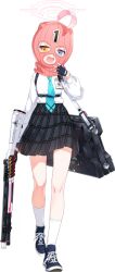  1girl 9ml ahoge ammunition arm_at_side balaclava beretta_1301 black_gloves black_skirt blue_archive blue_eyes blue_necktie blue_shoes chest_harness clothes_writing covered_face cross-laced_shoes fang fingerless_gloves full_body game_asset gloves half-closed_eyes halo hand_to_own_mouth hand_up harness heel_up heterochromia highres holding holding_weapon hoshino_(blue_archive) id_card large_variant_set long_sleeves looking_at_viewer miniskirt necktie official_art open_mouth orange_eyes pink_hair pink_halo plaid_clothes plaid_skirt pleated_skirt school_uniform serious shirt shirt_tucked_in shoes shotgun_shell simple_background skirt sneakers socks solo standing tachi-e third-party_source transparent_background v-shaped_eyebrows variant_set weapon weapon_case white_shirt white_socks 