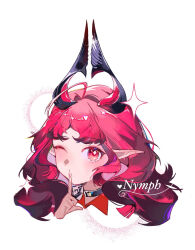  1girl ahoge arknights black_choker character_name chinese_commentary choker commentary cropped_shoulders finger_to_mouth getemeigui075 hair_intakes highres horns looking_at_viewer nymph_(arknights) one_eye_closed pointy_ears pout red_eyes red_hair shushing simple_background solo wavy_hair white_background 