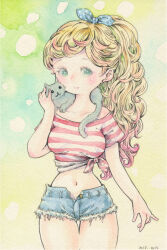  1girl absurdres animal_on_shoulder blonde_hair bow breasts cat cat_on_shoulder closed_mouth collarbone commentary_request cowboy_shot crop_top curly_hair dated green_eyes hair_bow highres large_breasts looking_at_viewer midriff multicolored_hair narrow_waist navel off-shoulder_shirt off_shoulder original painting_(medium) petting polka_dot polka_dot_bow sato_(osappun) shirt short_shorts shorts signature thigh_gap tied_shirt traditional_media two-tone_hair watercolor_(medium) watercolor_background 