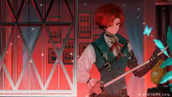  1boy black_choker blue_butterfly bow bowtie bug butterfly buttons choker collared_shirt commentary copyright_notice cosplay curtains double-breasted english_commentary frilled_sleeves frills highres holding holding_sword holding_weapon holostars holostars_english lau_135 lies_of_p machina_x_flayon male_focus mechanical_arms official_art phonograph picture_frame pinocchio_(lies_of_p) pinocchio_(lies_of_p)_(cosplay) plant red_bow red_bowtie red_hair shirt short_hair single_mechanical_arm solo sword vest virtual_youtuber weapon white_shirt 