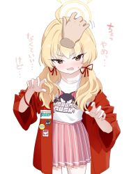  1girl ahoge blonde_hair blue_archive blush brown_eyes buttons collarbone commentary_request halo hand_on_another's_head headpat highres jacket kyousuke_(orcein) logo_print long_hair low_twintails open_mouth pink_skirt pleated_skirt print_shirt red_jacket shirt skirt twintails white_shirt yellow_halo yoshimi_(band)_(blue_archive) yoshimi_(blue_archive) 
