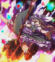  1girl :d apron black_hat black_shoes black_skirt black_vest blonde_hair bloomers blush bow broom buttons colorful_background commentary_request fingernails foot_out_of_frame frilled_apron frills hair_bow hat hat_bow holding holding_broom kirisame_marisa magic outstretched_arm outstretched_hand petticoat red_bow ribbon-trimmed_bloomers ribbon_trim shirt shoes skirt smile socks solo spread_legs star_(symbol) takumi117 teeth touhou upper_teeth_only vest white_bow white_shirt white_socks witch_hat yellow_eyes 