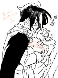  1boy 1girl blush body_fur cat_girl cocri commentary_request dress flustered furry furry_female furry_with_non-furry hand_on_another's_head headpat hetero highres hug interspecies koharu_(cocri) original princess_koyuki_(cocri) robe scar scar_on_face short_hair simple_background tail translation_request upper_body whiskers white_background 