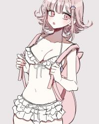  1girl :o animal_bag backpack bag breasts cat_bag danganronpa_(series) danganronpa_2:_goodbye_despair grey_background highres looking_at_viewer medium_breasts mole mole_on_breast nanami_chiaki navel non-web_source patzzi pink_bag pink_eyes pink_hair swimsuit 