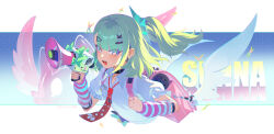  1girl absurdres arm_warmers backpack bag bag_charm character_name charm_(object) chinese_commentary collared_shirt commentary_request cropped_torso earrings fled green_hair hair_ornament hairclip highres holding holding_megaphone jewelry long_hair looking_at_viewer megaphone necktie one_side_up open_mouth pink_bag red_necktie shirt small_sweatdrop solo striped_arm_warmers sunna_(zenless_zone_zero) white_shirt winged_bag zenless_zone_zero 