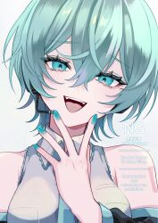  1girl :d aegyo_sal aqua_eyes aqua_eyeshadow aqua_hair aqua_nails aqua_necktie aqua_trim black_sleeves breasts collared_shirt commentary_request covering_own_mouth crossed_bangs detached_sleeves eyelashes eyeshadow frilled_shirt frills grey_background grey_shirt hair_between_eyes hand_over_own_mouth hand_up hatsune_miku head_tilt headset highres large_breasts long_sleeves looking_at_viewer makeup microphone naguno-0713 nail_polish necktie open_mouth raised_inner_eyebrows shirt short_hair shoulder_tattoo sidelocks simple_background sleeveless sleeveless_shirt smile solo tattoo teeth tsurime upper_body upper_teeth_only vocaloid watermark wolf_cut 