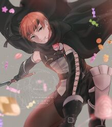  1boy absurdres black_cape black_gloves black_headband candy cape commentary dagger detached_sleeves fingerless_gloves fire_emblem fire_emblem_awakening food gaius_(fire_emblem) gloves grey_background headband highres holding holding_dagger holding_knife holding_weapon knife lollipop looking_at_viewer macaron male_focus nekoyashiki_08 on_one_knee orange_hair short_hair smile solo swirl_lollipop teeth twitter_username watermark weapon 