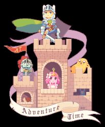  1girl 1other 2boys adapted_costume adventure_time animated animated_gif armor blinking blonde_hair bmo cape castle dav-19 dog finn_the_human flag helmet holding holding_sword holding_weapon jake_the_dog knight lowres marceline_abadeer multiple_boys pink_hair pixel_art princess_bonnibel_bubblegum snail snail_(adventure_time) sword tiara waving weapon 