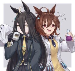  2girls agnes_tachyon_(tach-nology)_(umamusume) agnes_tachyon_(umamusume) ahoge animal_ears black_choker black_coat black_gloves black_hair black_necktie black_shirt black_skirt brown_hair chemical_structure choker closed_mouth coat coffee_mug collared_shirt commentary cork cup ear_tag earrings english_commentary gloves hair_between_eyes hand_in_pocket highres holding holding_beaker holding_cup horse_ears horse_girl jewelry kyl490 lab_coat long_bangs long_hair long_hair_between_eyes long_sleeves manhattan_cafe_(creeping_shadow)_(umamusume) manhattan_cafe_(umamusume) medium_hair mug multicolored_hair multiple_girls necktie open_mouth red_eyes shirt short_necktie simple_background single_earring skirt sleeves_past_fingers sleeves_past_wrists smile squiggle steaming_cup sweater sweater_vest test_tube umamusume white_coat white_hair wolf_cut yellow_eyes yellow_necktie yellow_sweater yellow_sweater_vest 