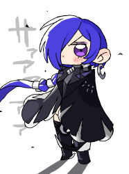  1girl absurdres andii_(anzai_teachco) black_boots black_cloak blue_hair blush boots cloak commentary_request crescent crescent_earrings earrings floating_hair hair_over_one_eye highres jewelry long_hair promeia_(zenless_zone_zero) solo thigh_boots very_long_hair violet_eyes white_background zenless_zone_zero 
