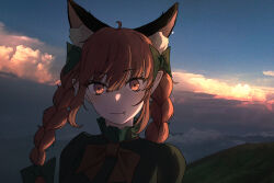  1girl absurdres ahoge animal_ear_fluff animal_ears backlighting black_bow blue_sky bow braid cat_ears cat_girl closed_mouth clouds commentary dress dusk english_commentary extra_ears fang floating_hair green_dress hair_bow highres hill kaenbyou_rin kiritanpo117 landscape light_blush long_hair orange_sky pointy_ears purple_sky red_eyes red_hair scenery sky smile solo sunset swept_bangs touhou twin_braids upper_body 