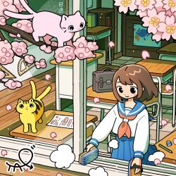  1girl bag black_eyes blue_sailor_collar blue_skirt board_eraser branch brown_hair cat chair cherry_blossoms cherry_tree classroom commentary_request desk falling_petals flat_color flower highres holding_eraser indoors long_sleeves multiple_cats neckerchief open_window original petals pink_cat pleated_skirt red_neckerchief sailor_collar school_bag school_desk school_uniform serafuku short_hair skirt smile solo tao_(tao15102) window yellow_cat 