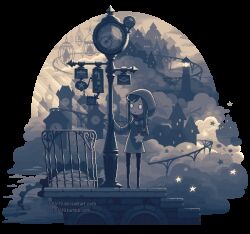  1girl animated animated_gif blank_eyes clouds commentary dav-19 dress english_commentary gears greyscale hood hood_up hooded_dress jewelry lamppost lighthouse looping_animation lowres monochrome necklace outdoors pixel_art scarf scenery short_hair solo sometimes_the_stars star_(symbol) star_necklace the_audreys transparent_background web_address 