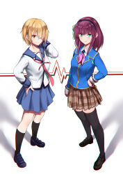  >:) 2girls absurdres angel_beats! arm_at_side black_hairband black_shoes black_socks black_thighhighs blonde_hair blue_jacket blue_skirt blunt_bangs bow brown_skirt closed_mouth collared_shirt commentary company_connection cosplay costume_switch crossover full_body green_bow green_eyes hair_bow hair_ornament hair_over_one_eye hairband hairclip hand_on_own_hip hand_up heaven_burns_red highres jacket jjaga236 kayamori_ruka kayamori_ruka_(cosplay) key_(company) kneehighs light_blush loafers long_sleeves looking_at_viewer medium_hair miniskirt multiple_girls nakamura_yuri nakamura_yuri_(cosplay) neckerchief one_eye_covered parallel_hairclips pink_neckerchief plaid_clothes plaid_skirt pleated_skirt purple_hair red_eyes sailor_collar sailor_shirt shadow shinda_sekai_sensen_uniform shirt shoes short_hair sidelocks simple_background skirt smile smug socks split_mouth standing straight_hair thigh-highs tsurime v-shaped_eyebrows white_background white_shirt zettai_ryouiki 