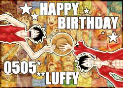  2girls 6+boys abs arm_up black_hair blue_hair brook_(one_piece) character_name clenched_teeth commentary_request dated duki_ren08 franky_(one_piece) green_hair guitar happy_birthday hat instrument jinbe_(one_piece) male_focus monkey_d._luffy multiple_boys multiple_girls nami_(one_piece) nico_robin one_piece open_mouth orange_hair red_shirt roronoa_zoro sanji_(one_piece) scar scar_on_chest scar_on_face shirt short_hair sideburns smile straw_hat straw_hat_pirates teeth tony_tony_chopper usopp 