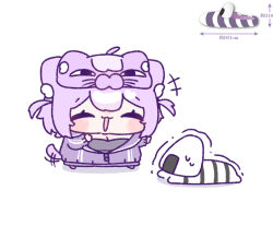  +++ 1girl :3 :d ^_^ animal_ear_fluff animal_ears blush_stickers cat_ears cat_girl cat_tail chibi chibi_only closed_eyes commentary_request full_body hololive jacket long_sleeves nekomata_okayu onigirya_(nekomata_okayu) open_mouth purple_hair purple_jacket short_hair simple_background sleep_mask smile standing sweat tail tail_wagging trembling two_side_up virtual_youtuber white_background yananang 