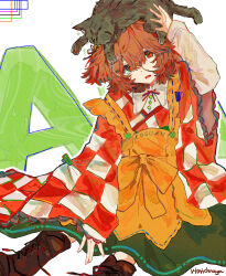 1girl absurdres animal_on_head apron artist_name bell boots brown_boots cat cat_on_head checkered_clothes checkered_kimono clothes_writing commentary green_skirt hair_bell hair_ornament highres illtenji japanese_clothes jingle_bell kimono long_sleeves motoori_kosuzu on_head open_mouth red_kimono round_eyewear sitting skirt solo touhou two-tone_kimono white_kimono wide_sleeves yellow_apron 