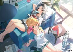  2girls barefoot beetle black_hairband blonde_hair blue_shorts blurry blush bug can character_name chips_(food) clothes_writing commentary_request company_name controller copyright_notice depth_of_field drink_can electric_fan food food_in_mouth fruit full_body game_controller green_eyes grey_hair hair_between_eyes hairband heart hololive hololive_dev_is isaki_riona looking_at_viewer momosuzu_nene multicolored_shirt multiple_girls official_art pink_hair plant plate ponytail popsicle popsicle_in_mouth potted_plant red_eyes shirt shorts sparkle star_(symbol) tokisaka_makoto virtual_youtuber watermelon white_shirt 