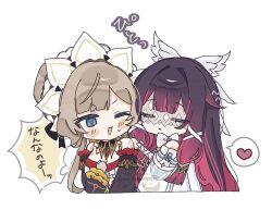  2girls bare_shoulders black_collar black_hair black_sleeves blue_eyes bonnet bow brown_hair chibi chibi_only closed_eyes closed_mouth collar columbina_(genshin_impact) commentary_request detached_collar detached_sleeves dress eye_mask genshin_impact hair_ornament head_wings heart long_hair mask masoten0824 multicolored_hair multiple_girls multiple_wings open_mouth purple_hair purple_streaks ribbon sandrone_(genshin_impact) simple_background speech_bubble streaked_hair two-tone_hair upper_body very_long_hair white_background white_bow white_dress white_headdress white_wings wing_hair_ornament wings yuri 