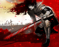  1boy alucard_(hellsing) armor beard blood blood_on_weapon bridal_gauntlets cape commentary_request cross facial_hair frown hellsing highres long_hair male_focus on_one_knee partially_colored serious signature solo toshimichi_yukari vlad_tepes_(hellsing) wavy_hair weapon 