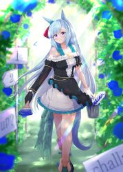  1girl absurdres animal_ears arch asymmetrical_gloves asymmetrical_sleeves bare_shoulders black_dress black_gloves blue_hair blush braid breasts center_frills commentary_request crown_braid dress ear_ribbon flower frills gloves highres holding holding_paintbrush horse_ears horse_girl horse_tail long_hair looking_at_viewer medium_breasts mejiro_ardan_(crystalline)_(umamusume) mejiro_ardan_(umamusume) off-shoulder_dress off_shoulder open_mouth paint_can paintbrush sign smile solo tail tama_sera279 umamusume violet_eyes white_gloves 