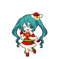  1girl ;d aqua_eyes aqua_hair bell black_outline blush boots bow bowtie capelet chibi chibi_only christmas dress full_body fur-trimmed_boots fur-trimmed_gloves fur_trim game_asset gloves hair_between_eyes hand_up hat hatsune_miku hatsune_miku_graphy_collection holly index_finger_raised long_hair long_hair_between_eyes looking_at_viewer mini_hat mini_santa_hat neck_bell one_eye_closed open_mouth outline red_boots red_bow red_bowtie red_capelet red_dress red_gloves red_hat santa_costume santa_dress santa_hat sash smile solo standing standing_on_one_leg transparent_background two-tone_bow very_long_hair vocaloid waist_sash 