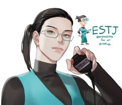  16personalities 1girl 7hrang aegyo_sal aqua-framed_eyewear aqua_eyes aqua_vest black_hair black_shirt copyright_name english_text executive_(16personalities) fingernails glasses hair_pulled_back highres holding light_smile lips long_hair long_sleeves myers-briggs_type_indicator object_request official_art_inset ponytail portrait reference_inset semi-rimless_eyewear shirt simple_background solo third-party_source turtleneck turtleneck_shirt twitter_username under-rim_eyewear vest white_background 