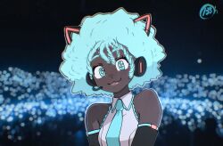  1girl :3 afro alternate_hairstyle alternate_skin_color animal_ears bare_shoulders blue_eyes blue_hair blue_necktie borrowed_design cat_ears collared_shirt commentary dark-skinned_female dark_skin darkened_skin english_commentary grey_shirt hatsune_miku headphones headset highres l33oh necktie shirt signature sleeveless sleeveless_shirt solo vocaloid 