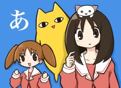  2girls :3 azumanga_daioh azumanga_daioh's_school_uniform blue_background blush brown_eyes brown_hair cat highres kasuga_ayumu long_hair mihama_chiyo mihama_chiyo's_father multiple_girls nerutti orange_hair pink_shirt sailor_collar school_uniform shadow shirt short_twintails twintails white_sailor_collar 